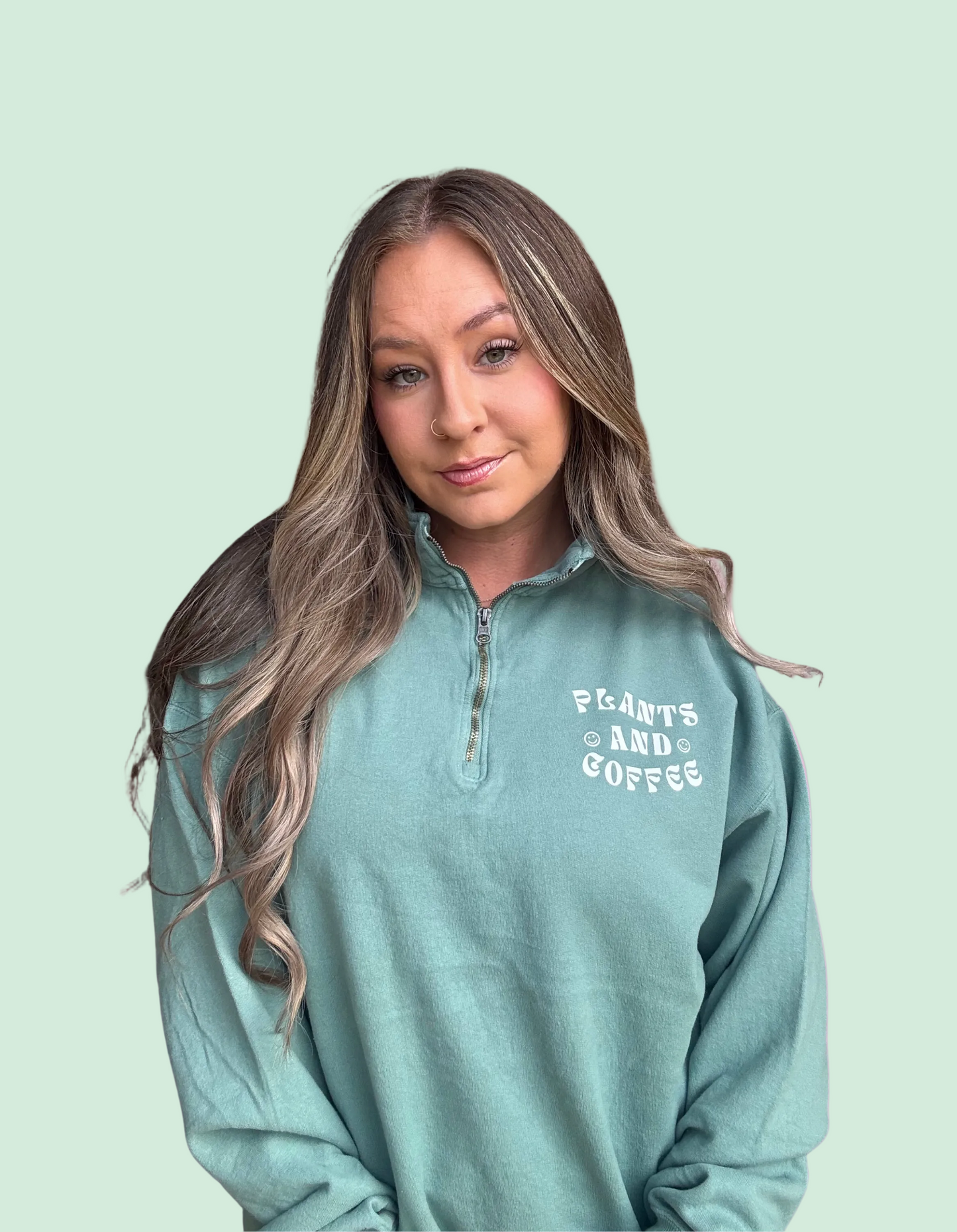 "Plants and Coffee" Cypress Green Quarter-Zip