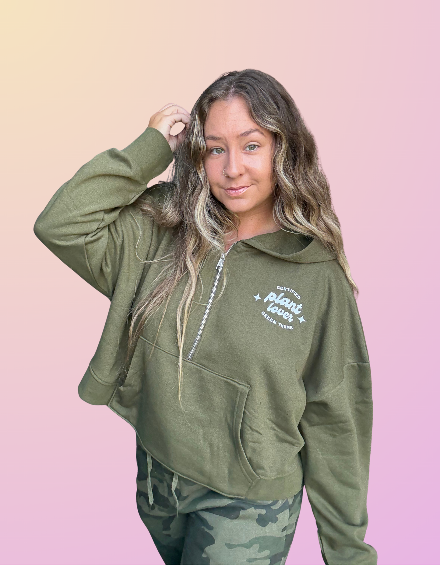 "Certified Plant Lover" Half-Zip Cropped Hoodie