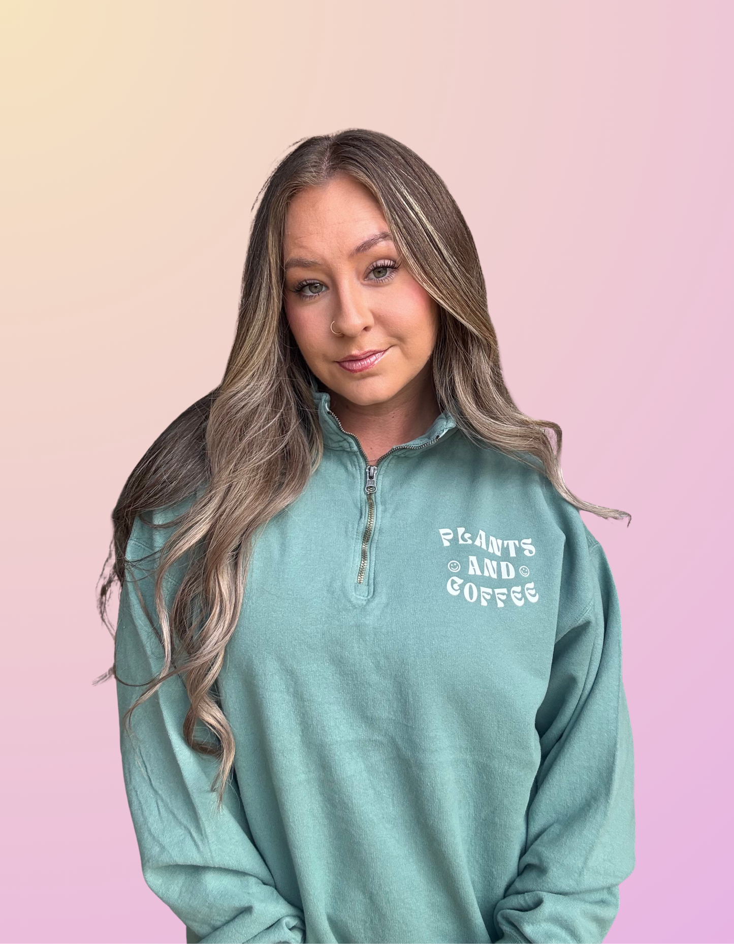 "Plants and Coffee" Cypress Green Quarter-Zip
