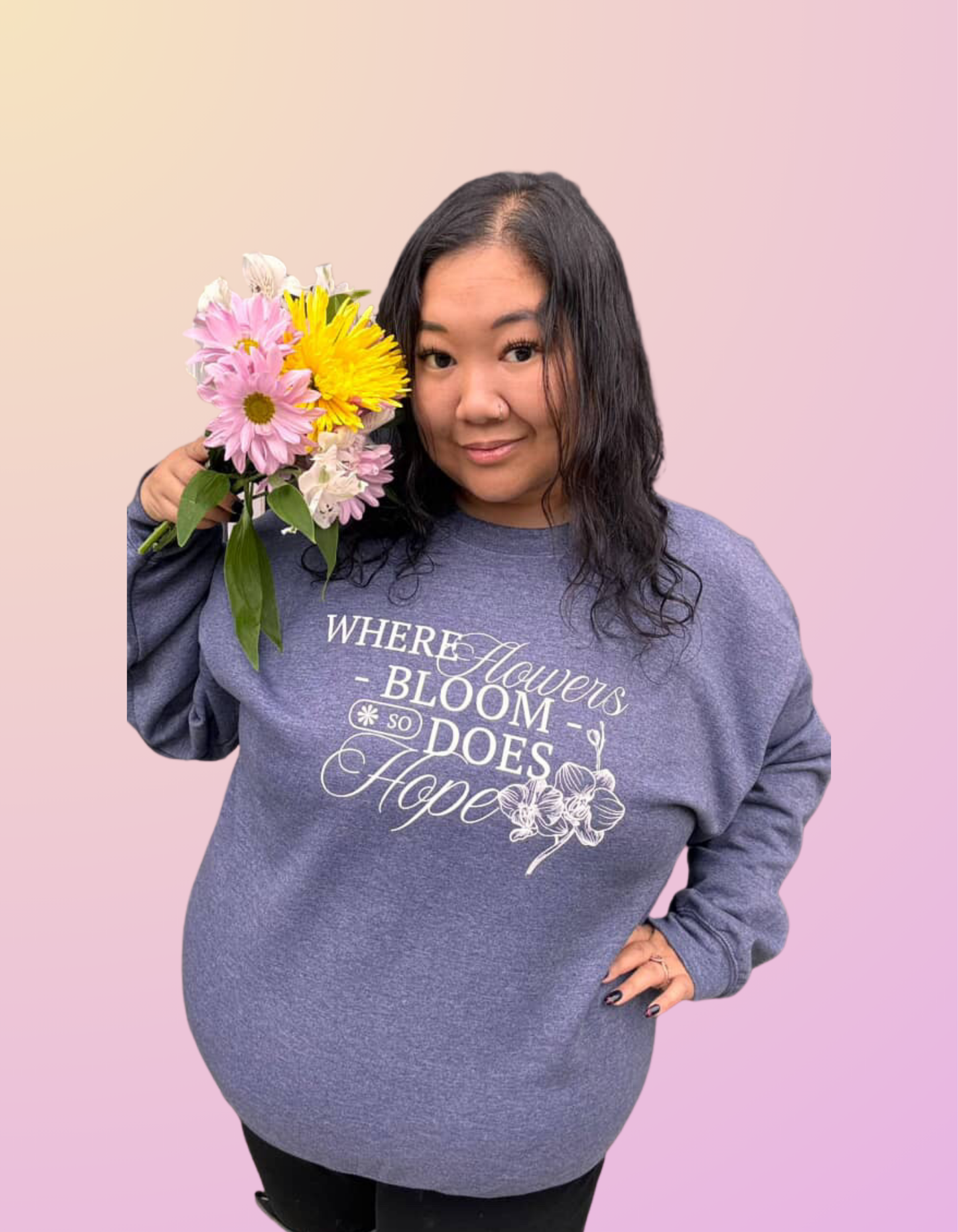 "Where Flowers Bloom" Heather Navy Crewneck