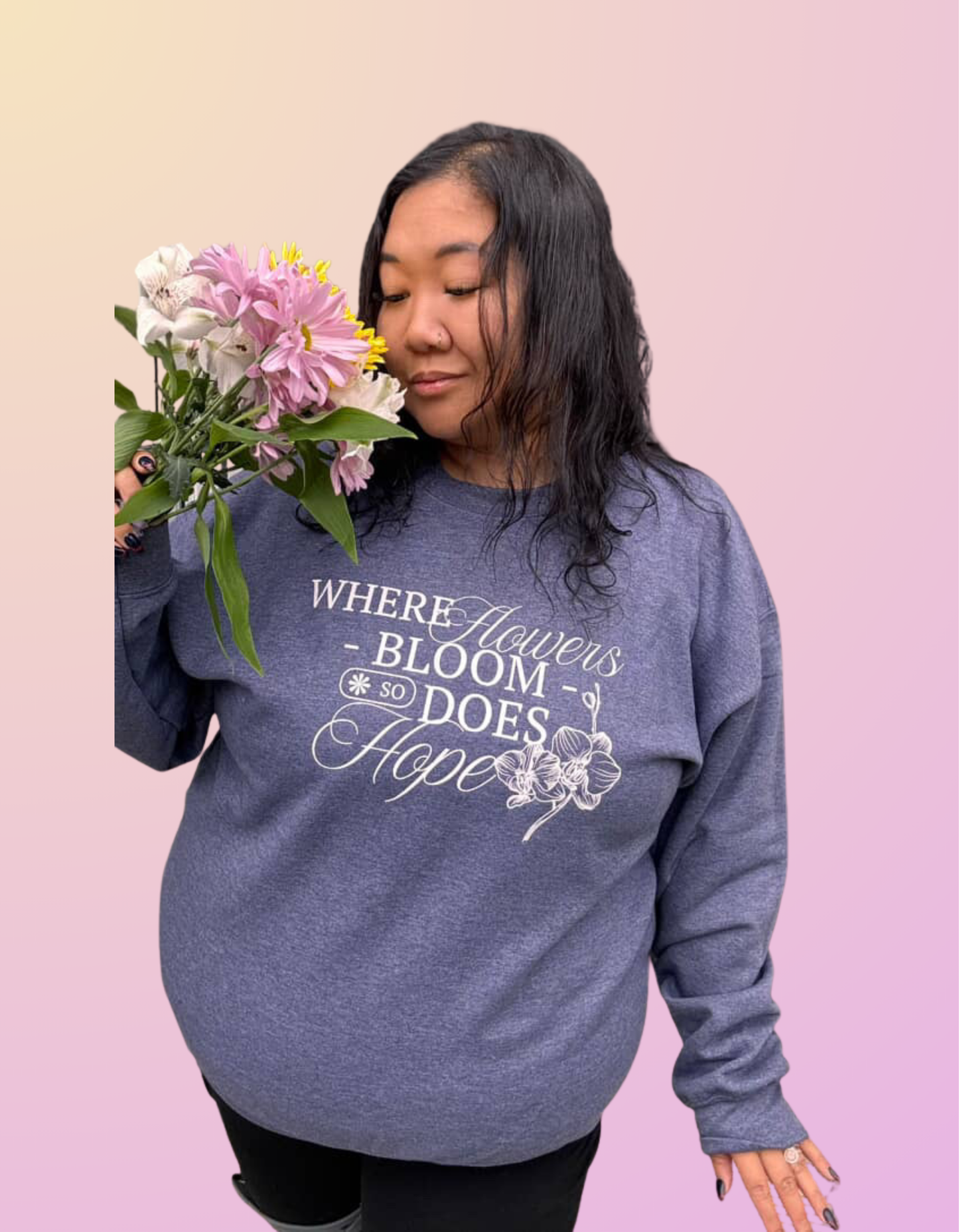 "Where Flowers Bloom" Heather Navy Crewneck