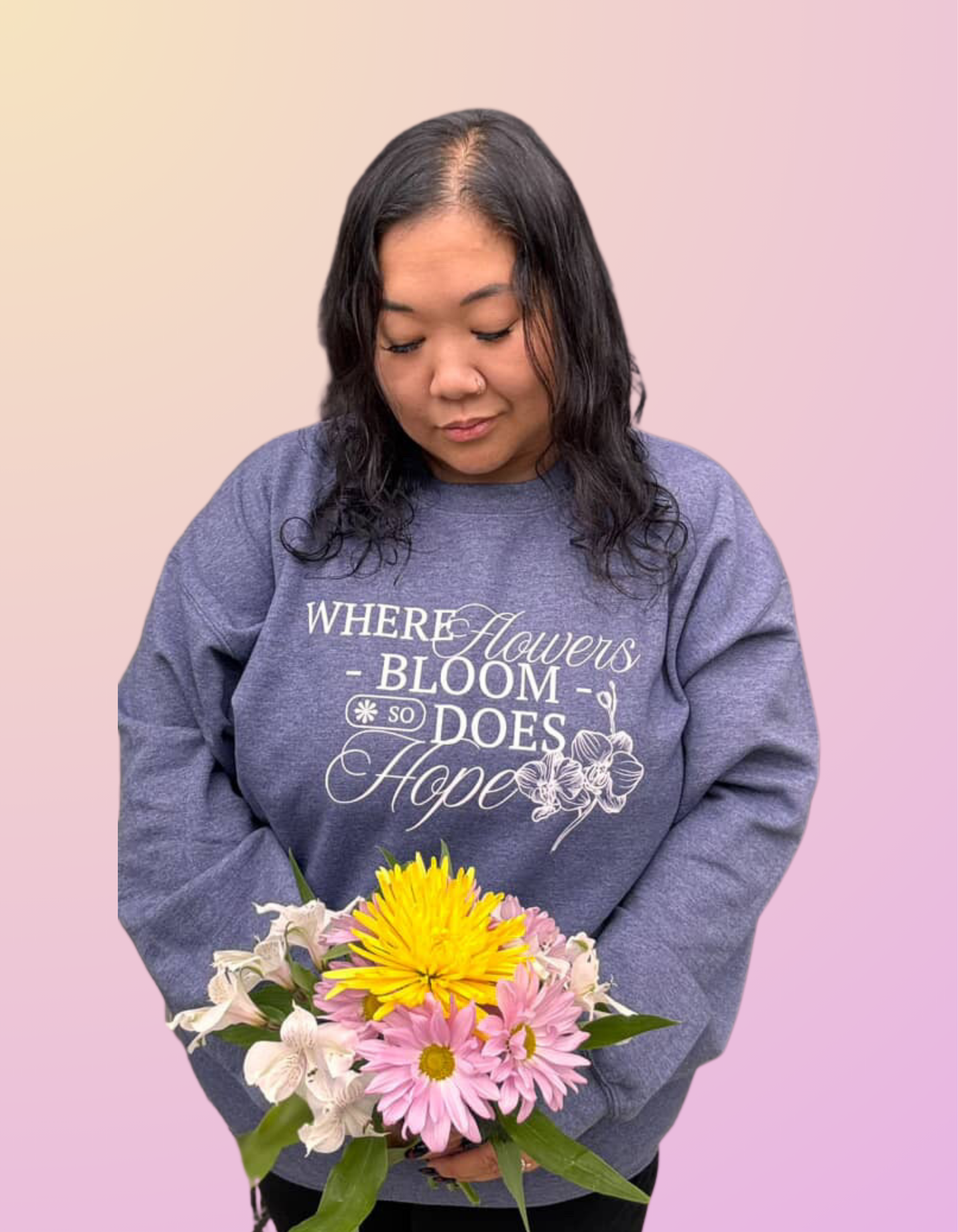 "Where Flowers Bloom" Heather Navy Crewneck