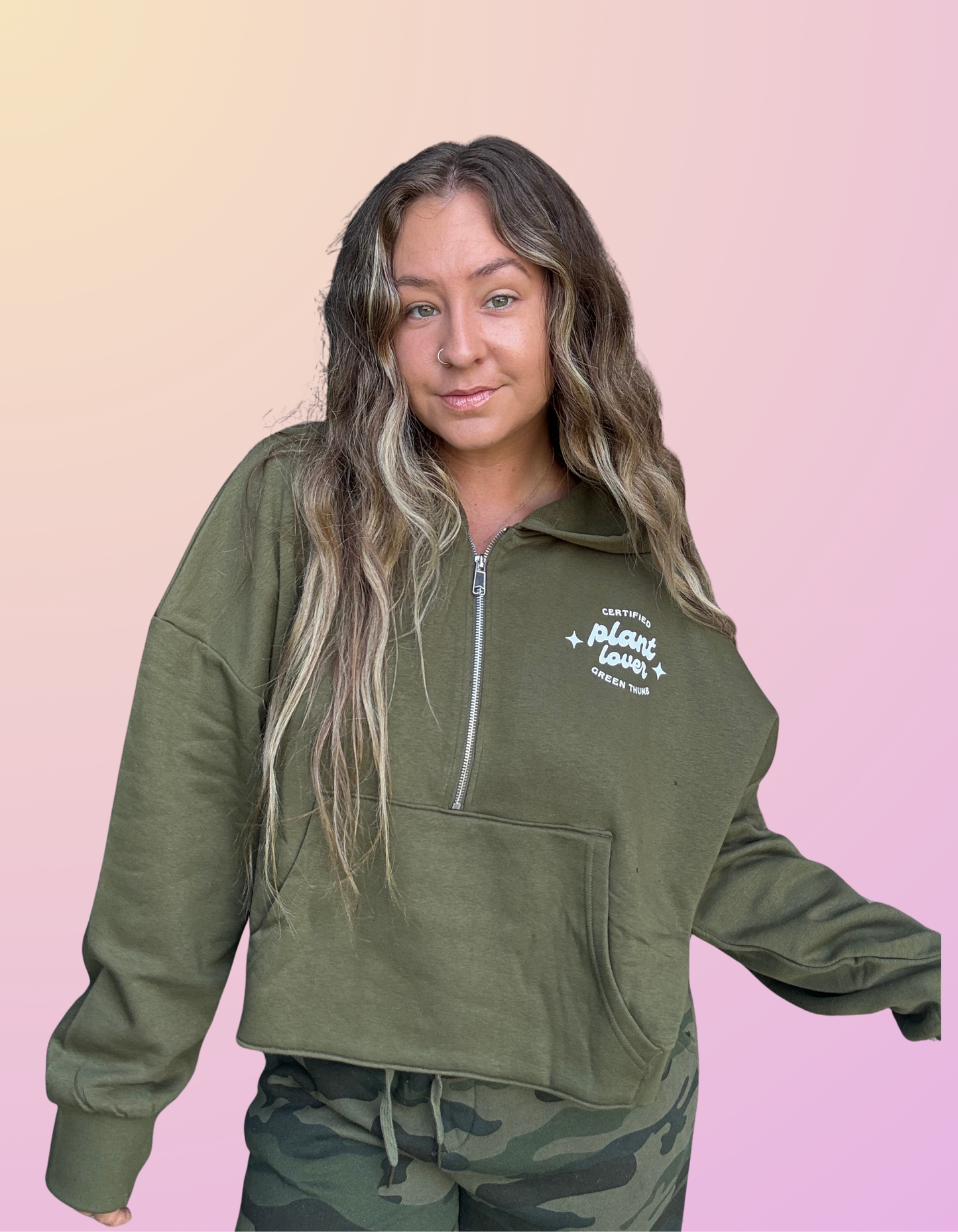 "Certified Plant Lover" Half-Zip Cropped Hoodie