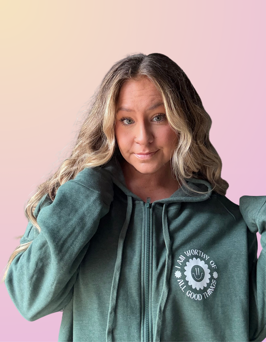 Heather Forest "I Am Worthy" Zip Up