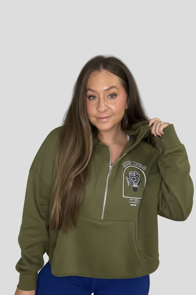 "Green Thumb Anthurium" Half Zip Cropped Hoodie