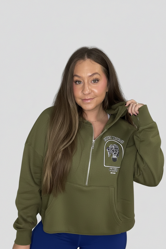 "Green Thumb Anthurium" Half Zip Cropped Hoodie