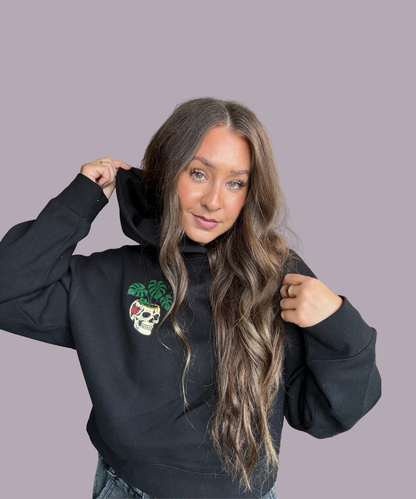 "Monstera Skull" Black Cropped Hoodie