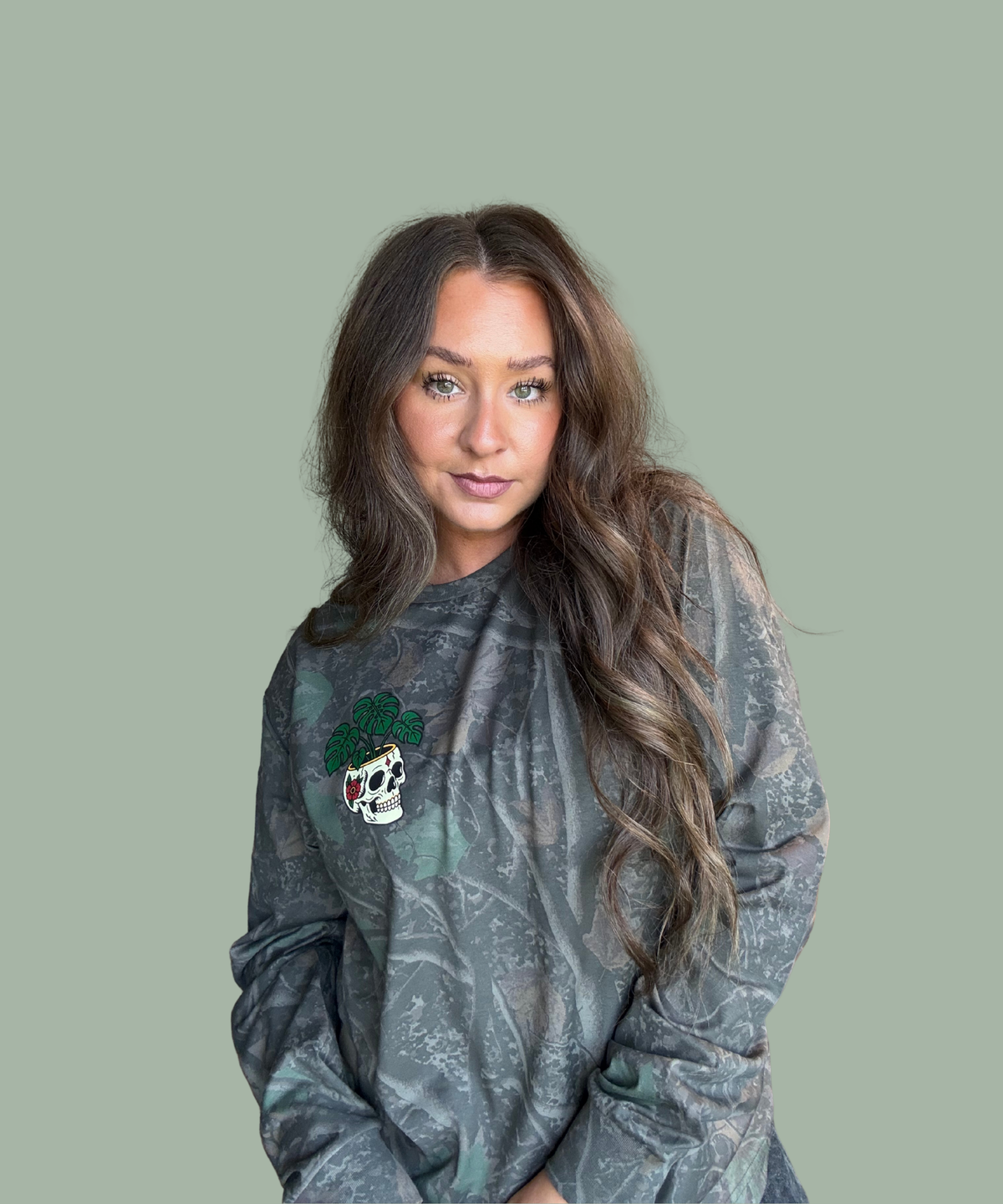 "Monstera Skull" Darkwood Camo Long Sleeve Tee