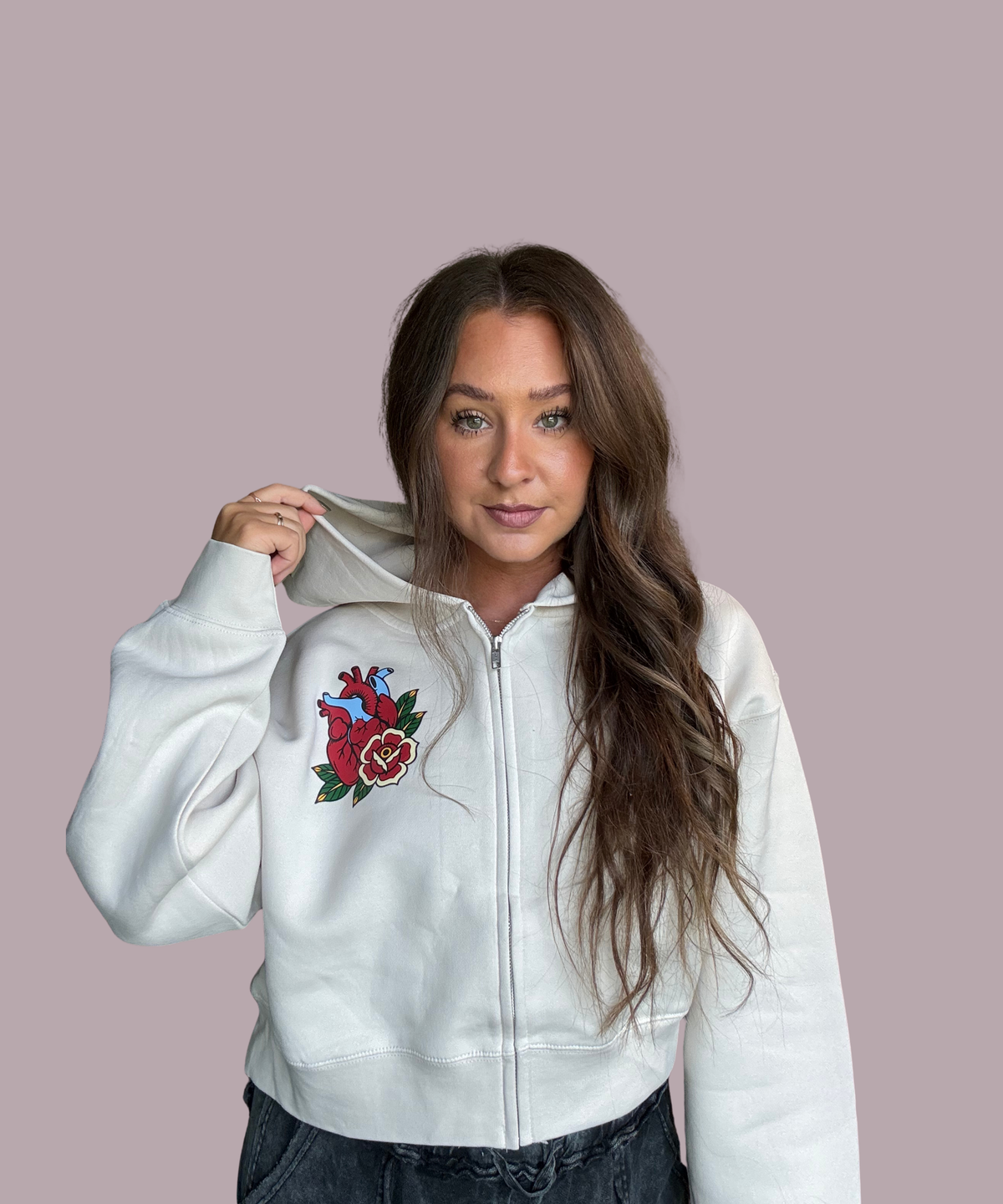"Traditional Heart" Bone Cropped Zip Sweatshirt